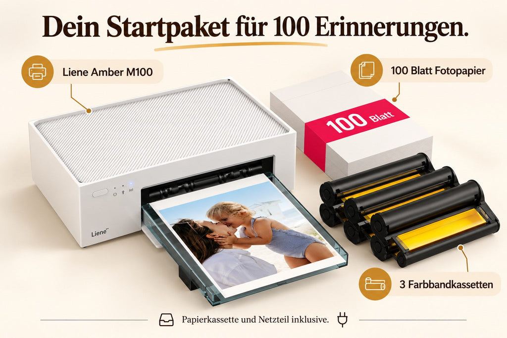 Liene Amber M100 – WLAN-Fotodrucker mit 100 Blatt Fotopapier & 3 Farbbandkassetten